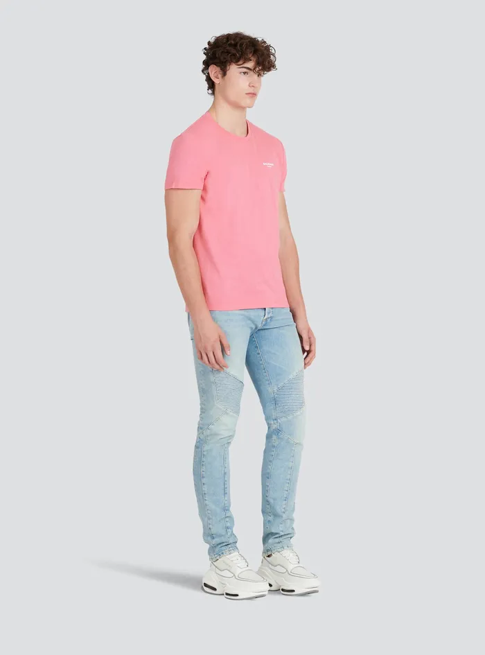 Balmain TShirts Mens EcoDesigned Cotton TShirt With Small Flocked Balmain Paris Logo Pink Balmain TShirts Mens EcoDesigned Cotton TShirt With Small Flocked Balmain Paris Logo Pink