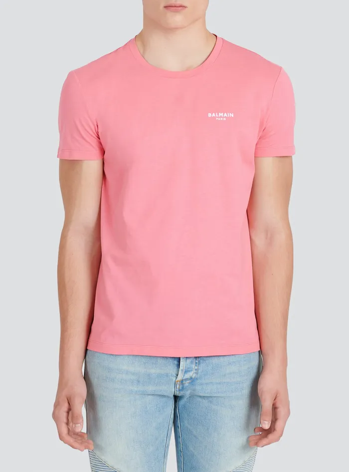 Balmain TShirts Mens EcoDesigned Cotton TShirt With Small Flocked Balmain Paris Logo Pink Balmain TShirts Mens EcoDesigned Cotton TShirt With Small Flocked Balmain Paris Logo Pink