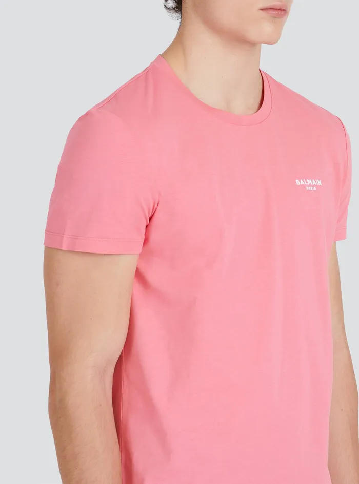 Balmain TShirts Mens EcoDesigned Cotton TShirt With Small Flocked Balmain Paris Logo Pink Balmain TShirts Mens EcoDesigned Cotton TShirt With Small Flocked Balmain Paris Logo Pink