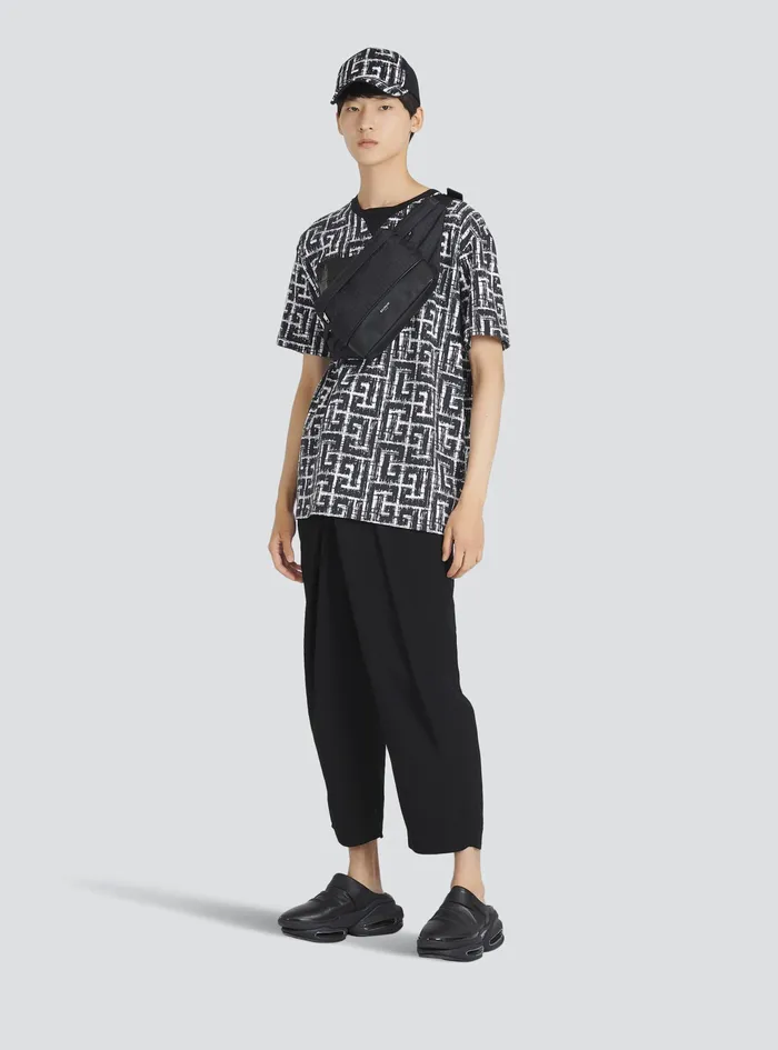 Balmain TShirts Mens Oversized Cotton TShirt With Balmain Monogram Et Logo Print Black