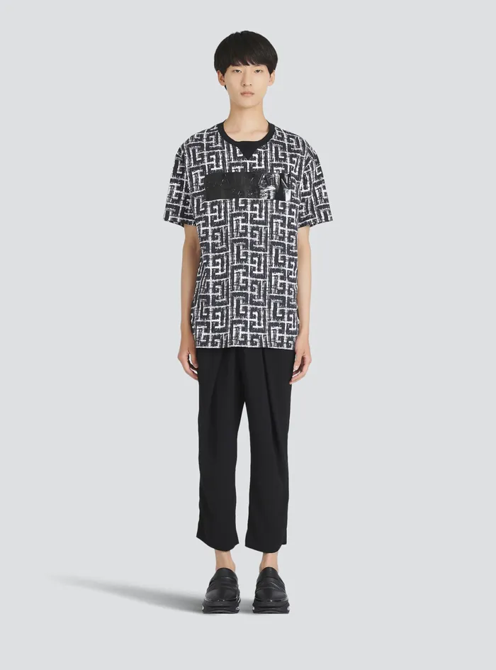 Balmain TShirts Mens Oversized Cotton TShirt With Balmain Monogram Et Logo Print Black