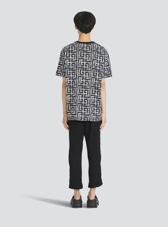 Balmain TShirts Mens Oversized Cotton TShirt With Balmain Monogram Et Logo Print Black