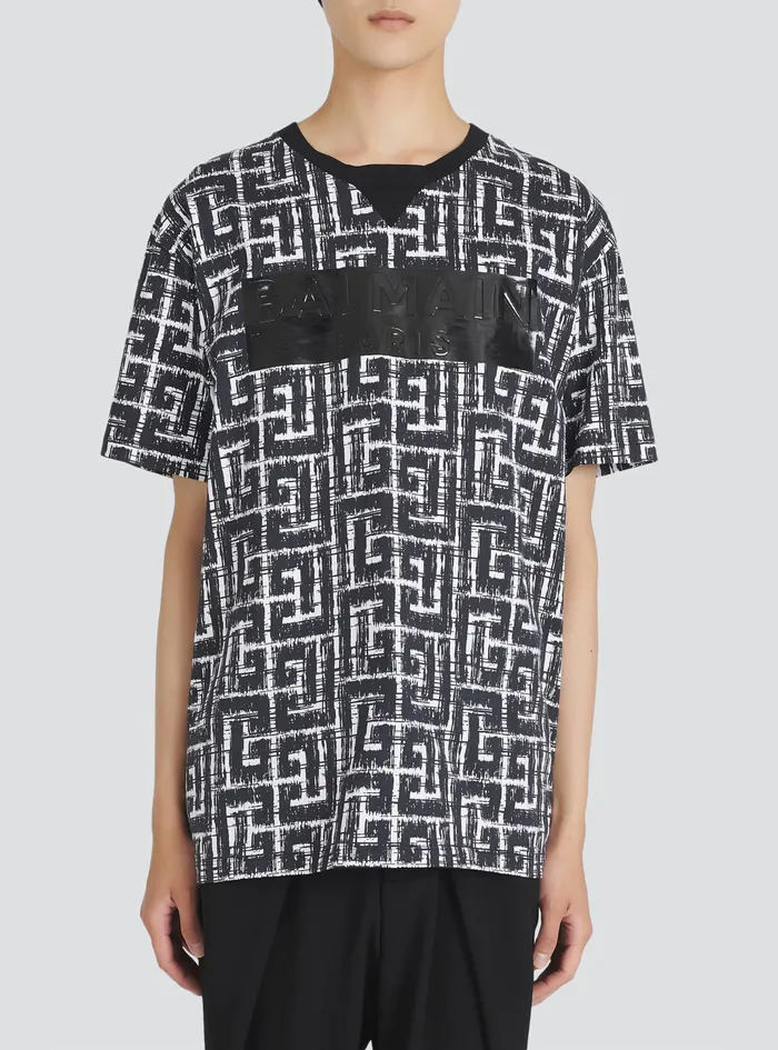 Balmain TShirts Mens Oversized Cotton TShirt With Balmain Monogram Et Logo Print Black