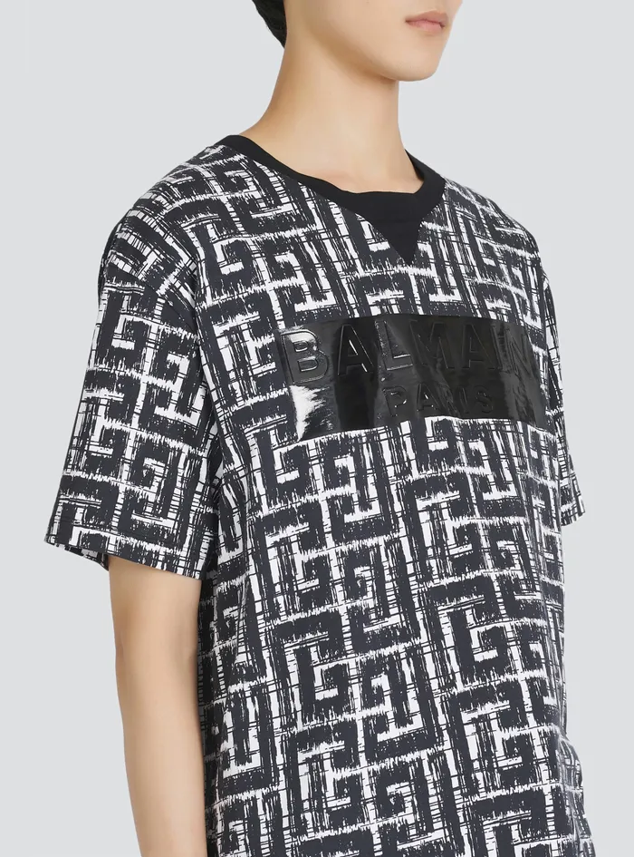 Balmain TShirts Mens Oversized Cotton TShirt With Balmain Monogram Et Logo Print Black