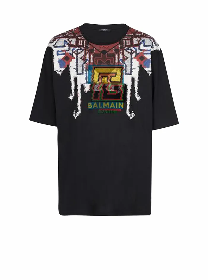 Balmain TShirts Mens Oversized EcoDesigned Cotton TShirt With Multicolor Balmain Logo Print Black Balmain TShirts Mens Oversized EcoDesigned Cotton TShirt With Multicolor Balmain Logo Print Black