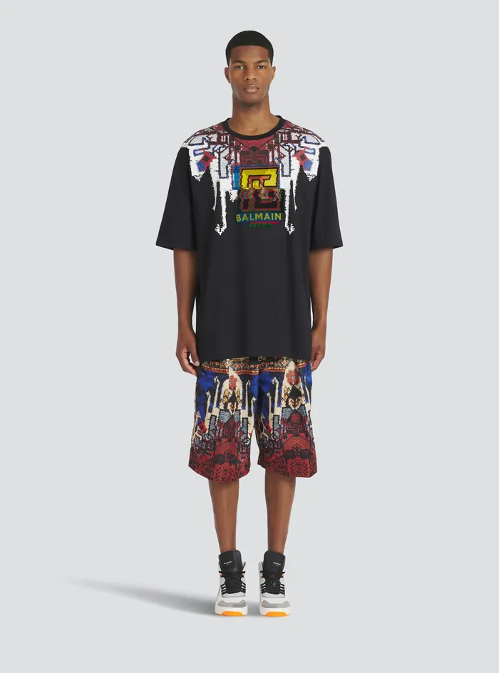 Balmain TShirts Mens Oversized EcoDesigned Cotton TShirt With Multicolor Balmain Logo Print Black Balmain TShirts Mens Oversized EcoDesigned Cotton TShirt With Multicolor Balmain Logo Print Black
