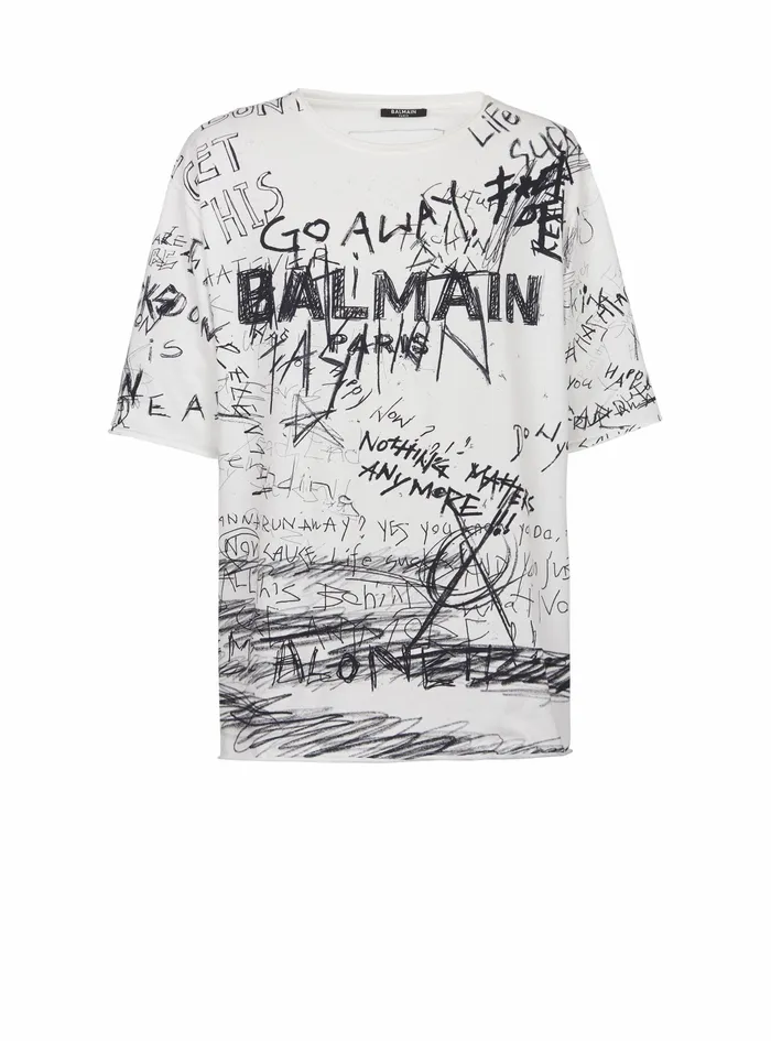 Balmain TShirts Mens Oversized Go Away Print Cotton TShirt White