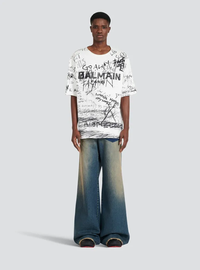 Balmain TShirts Mens Oversized Go Away Print Cotton TShirt White Balmain TShirts Mens Oversized Go Away Print Cotton TShirt White