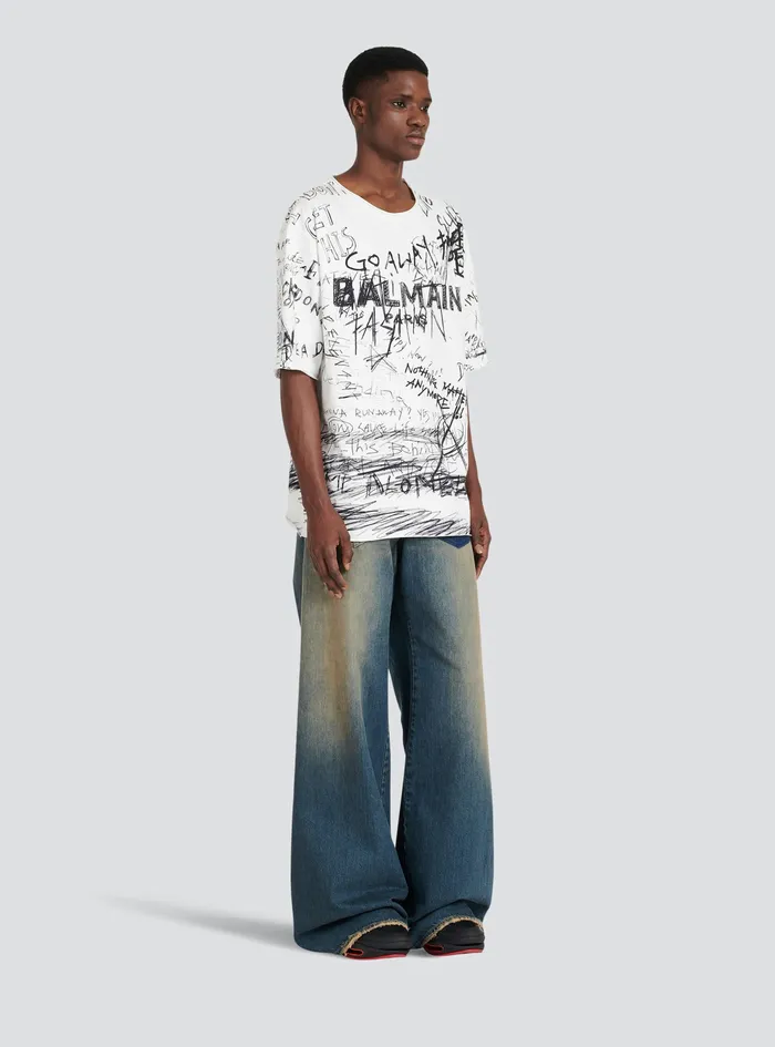 Balmain TShirts Mens Oversized Go Away Print Cotton TShirt White Balmain TShirts Mens Oversized Go Away Print Cotton TShirt White