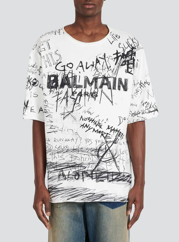 Balmain TShirts Mens Oversized Go Away Print Cotton TShirt White Balmain TShirts Mens Oversized Go Away Print Cotton TShirt White