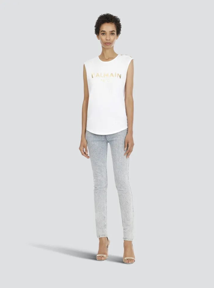 Balmain TShirts Womens Cotton TShirt With Balmain Logo Print White Balmain TShirts Womens Cotton TShirt With Balmain Logo Print White