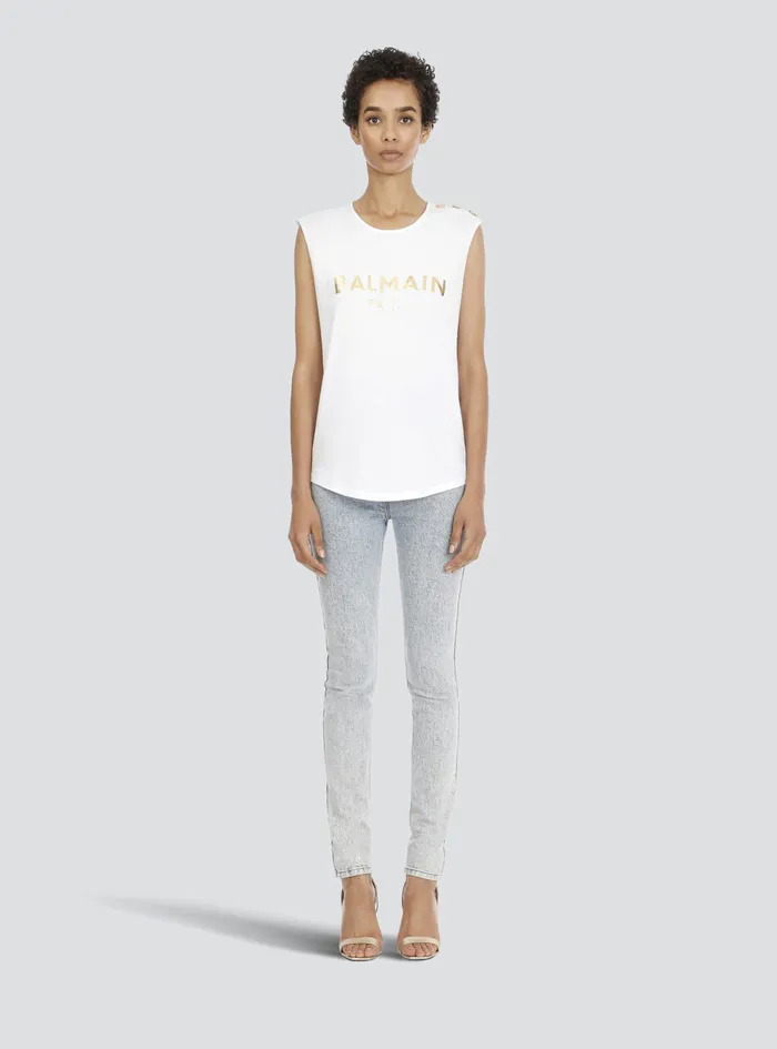 Balmain TShirts Womens Cotton TShirt With Balmain Logo Print White Balmain TShirts Womens Cotton TShirt With Balmain Logo Print White