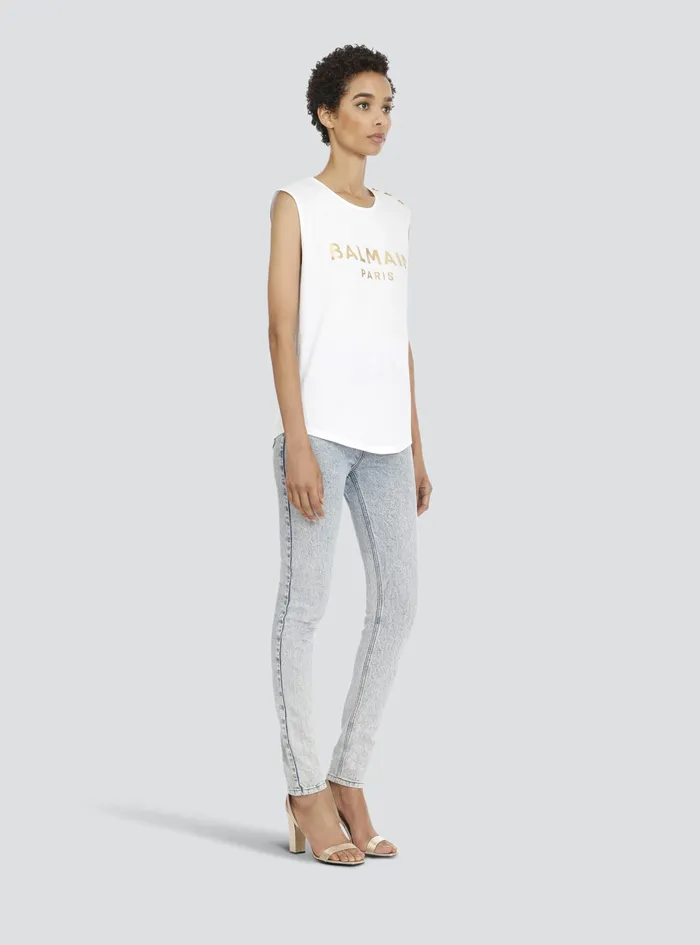 Balmain TShirts Womens Cotton TShirt With Balmain Logo Print White Balmain TShirts Womens Cotton TShirt With Balmain Logo Print White