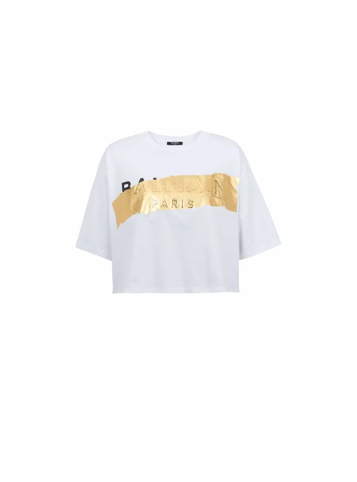 Balmain TShirts Womens Cropped Cotton TShirt With Balmain Logo White