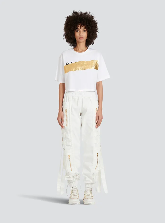 Balmain TShirts Womens Cropped Cotton TShirt With Balmain Logo White