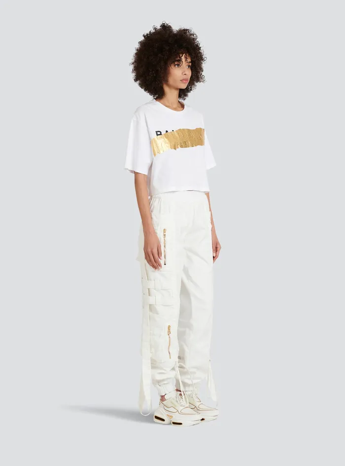 Balmain TShirts Womens Cropped Cotton TShirt With Balmain Logo White