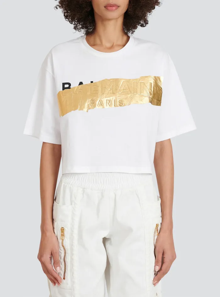 Balmain TShirts Womens Cropped Cotton TShirt With Balmain Logo White