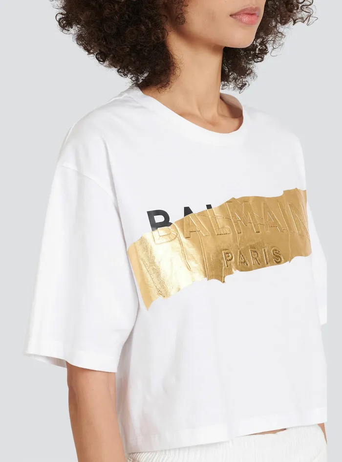 Balmain TShirts Womens Cropped Cotton TShirt With Balmain Logo White