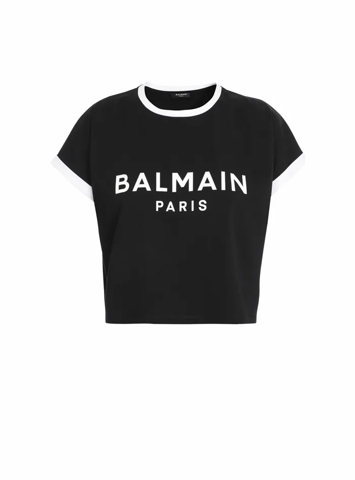 Balmain TShirts Womens Cropped Cotton TShirt With Flocked Balmain Logo Black