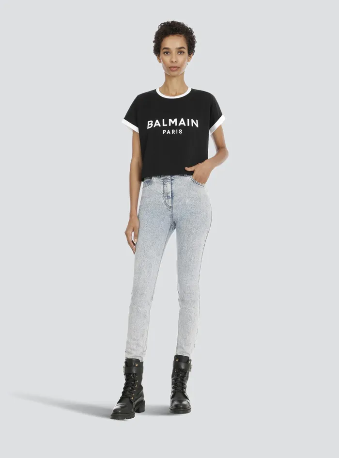 Balmain TShirts Womens Cropped Cotton TShirt With Flocked Balmain Logo Black Balmain TShirts Womens Cropped Cotton TShirt With Flocked Balmain Logo Black