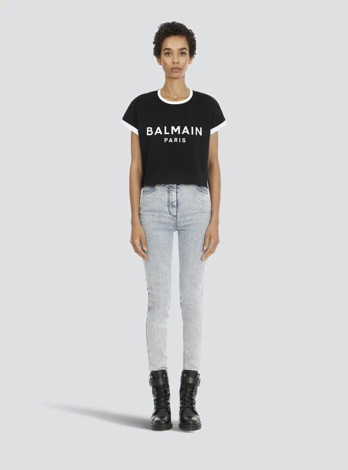 Balmain TShirts Womens Cropped Cotton TShirt With Flocked Balmain Logo Black Balmain TShirts Womens Cropped Cotton TShirt With Flocked Balmain Logo Black