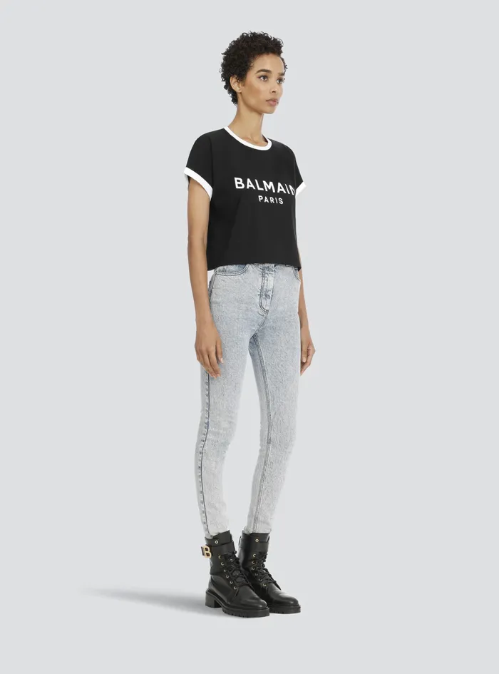 Balmain TShirts Womens Cropped Cotton TShirt With Flocked Balmain Logo Black Balmain TShirts Womens Cropped Cotton TShirt With Flocked Balmain Logo Black