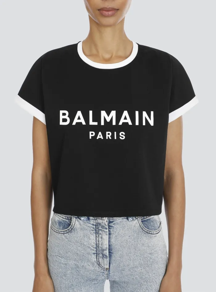 Balmain TShirts Womens Cropped Cotton TShirt With Flocked Balmain Logo Black Balmain TShirts Womens Cropped Cotton TShirt With Flocked Balmain Logo Black
