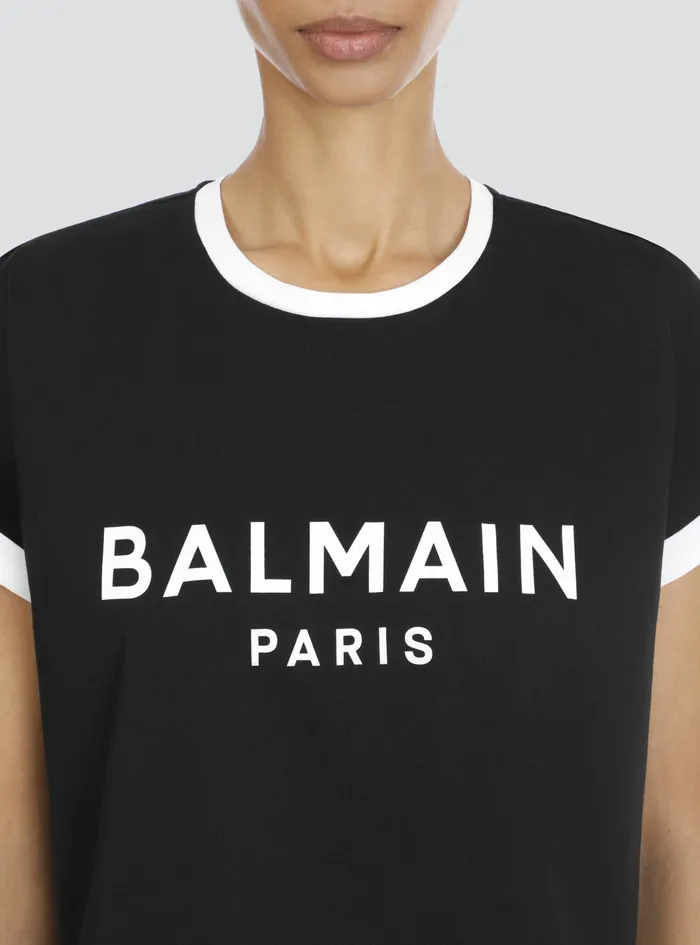 Balmain TShirts Womens Cropped Cotton TShirt With Flocked Balmain Logo Black Balmain TShirts Womens Cropped Cotton TShirt With Flocked Balmain Logo Black
