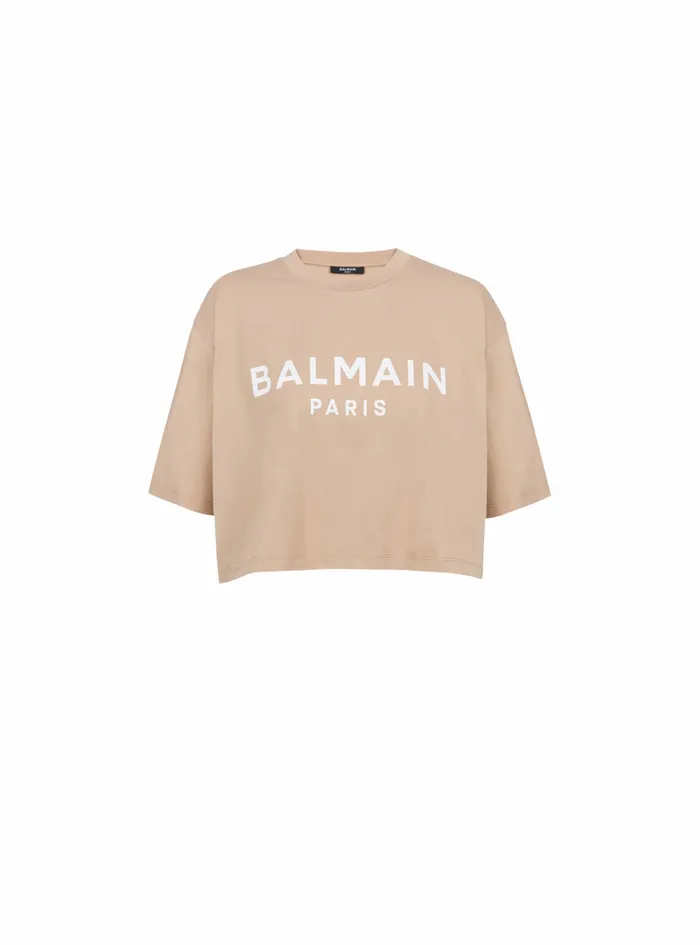 Balmain TShirts Womens Cropped EcoDesigned Cotton TShirt With Balmain Logo Print Beige Balmain TShirts Womens Cropped EcoDesigned Cotton TShirt With Balmain Logo Print Beige
