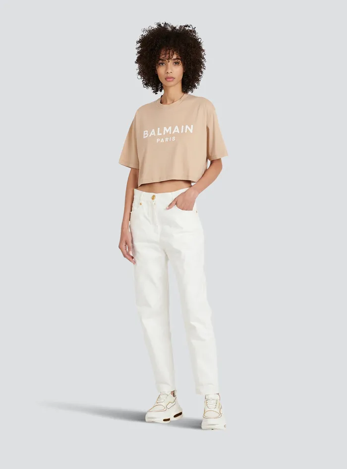 Balmain TShirts Womens Cropped EcoDesigned Cotton TShirt With Balmain Logo Print Beige Balmain TShirts Womens Cropped EcoDesigned Cotton TShirt With Balmain Logo Print Beige
