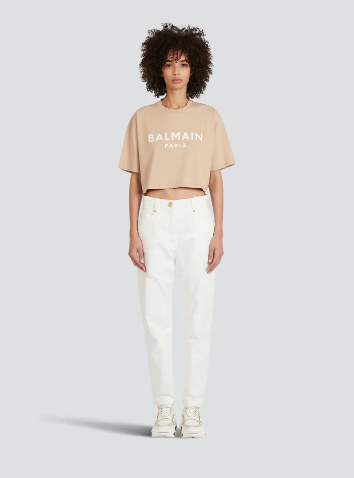 Balmain TShirts Womens Cropped EcoDesigned Cotton TShirt With Balmain Logo Print Beige Balmain TShirts Womens Cropped EcoDesigned Cotton TShirt With Balmain Logo Print Beige