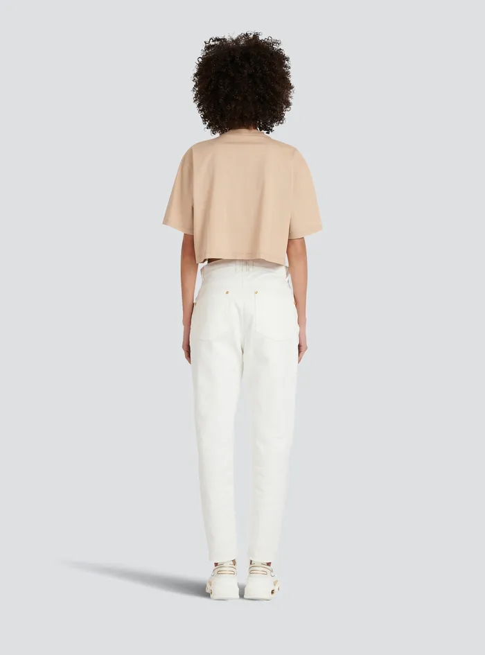 Balmain TShirts Womens Cropped EcoDesigned Cotton TShirt With Balmain Logo Print Beige Balmain TShirts Womens Cropped EcoDesigned Cotton TShirt With Balmain Logo Print Beige
