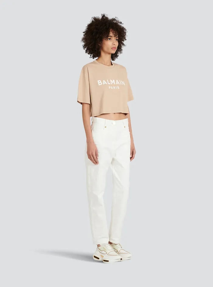 Balmain TShirts Womens Cropped EcoDesigned Cotton TShirt With Balmain Logo Print Beige Balmain TShirts Womens Cropped EcoDesigned Cotton TShirt With Balmain Logo Print Beige