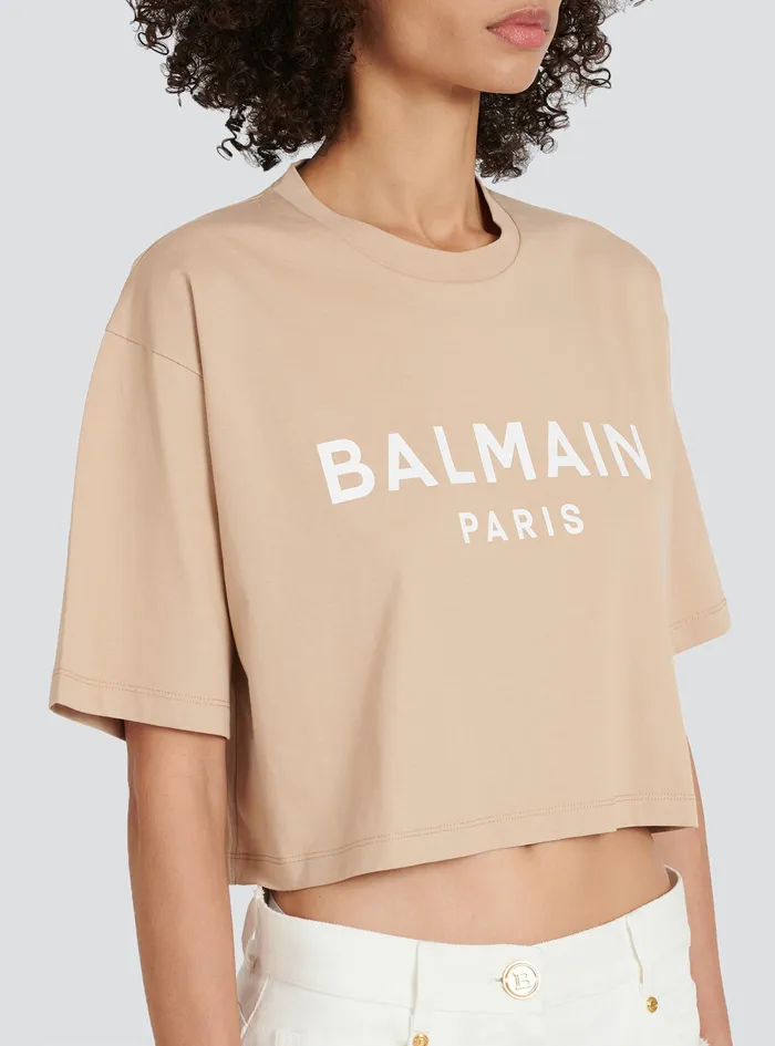 Balmain TShirts Womens Cropped EcoDesigned Cotton TShirt With Balmain Logo Print Beige Balmain TShirts Womens Cropped EcoDesigned Cotton TShirt With Balmain Logo Print Beige