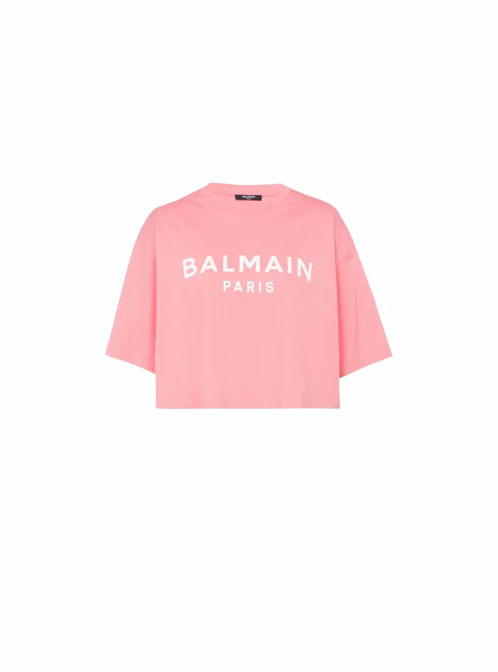 Balmain TShirts Womens Cropped EcoDesigned Cotton TShirt With Balmain Logo Print Pink Balmain TShirts Womens Cropped EcoDesigned Cotton TShirt With Balmain Logo Print Pink