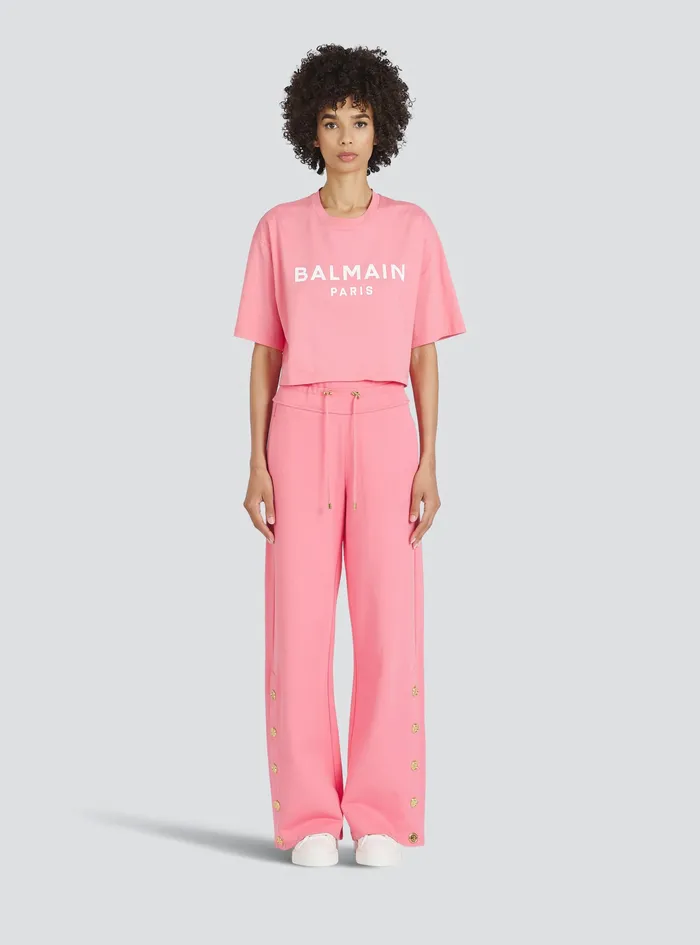 Balmain TShirts Womens Cropped EcoDesigned Cotton TShirt With Balmain Logo Print Pink Balmain TShirts Womens Cropped EcoDesigned Cotton TShirt With Balmain Logo Print Pink