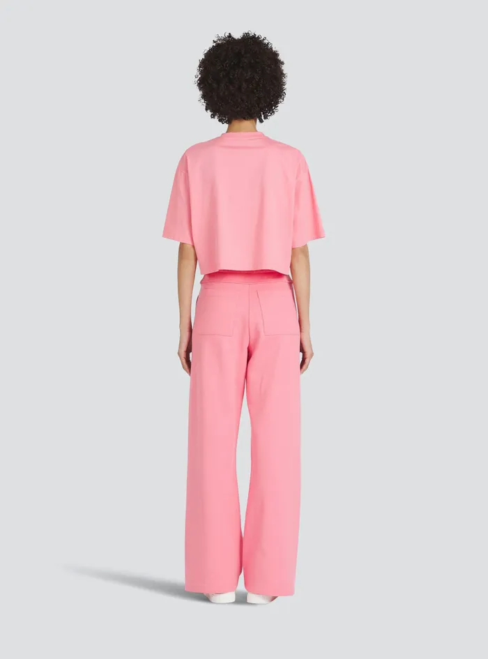 Balmain TShirts Womens Cropped EcoDesigned Cotton TShirt With Balmain Logo Print Pink Balmain TShirts Womens Cropped EcoDesigned Cotton TShirt With Balmain Logo Print Pink
