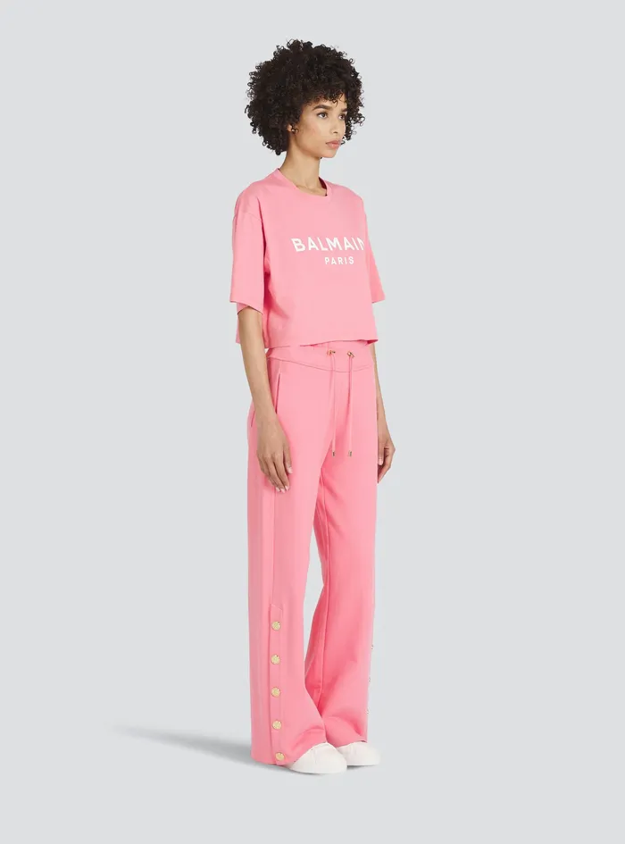 Balmain TShirts Womens Cropped EcoDesigned Cotton TShirt With Balmain Logo Print Pink Balmain TShirts Womens Cropped EcoDesigned Cotton TShirt With Balmain Logo Print Pink