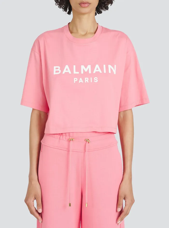 Balmain TShirts Womens Cropped EcoDesigned Cotton TShirt With Balmain Logo Print Pink Balmain TShirts Womens Cropped EcoDesigned Cotton TShirt With Balmain Logo Print Pink