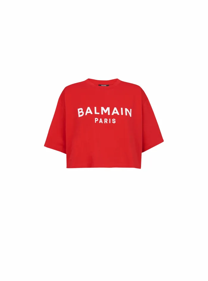Balmain TShirts Womens Cropped EcoDesigned Cotton TShirt With Balmain Logo Print Red Balmain TShirts Womens Cropped EcoDesigned Cotton TShirt With Balmain Logo Print Red