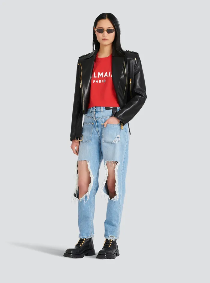 Balmain TShirts Womens Cropped EcoDesigned Cotton TShirt With Balmain Logo Print Red Balmain TShirts Womens Cropped EcoDesigned Cotton TShirt With Balmain Logo Print Red