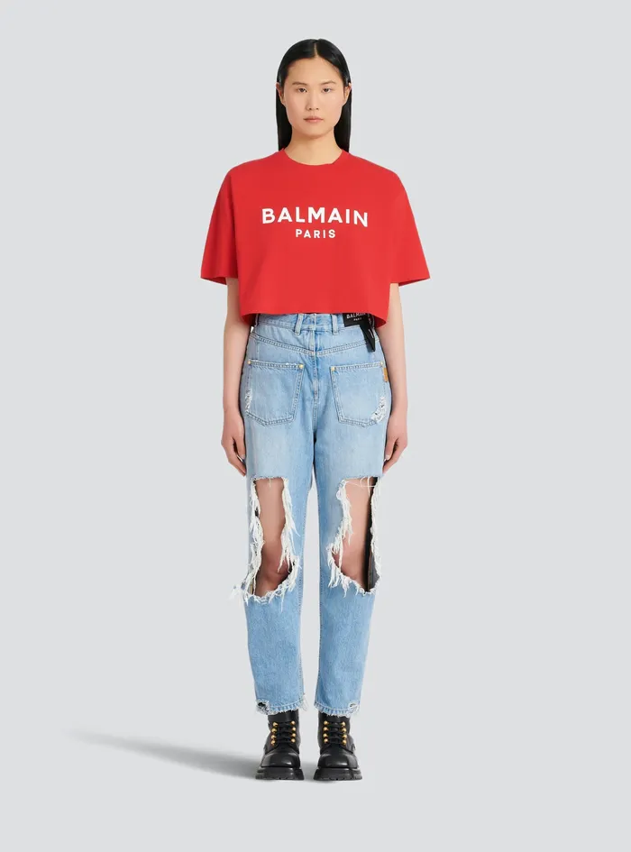 Balmain TShirts Womens Cropped EcoDesigned Cotton TShirt With Balmain Logo Print Red Balmain TShirts Womens Cropped EcoDesigned Cotton TShirt With Balmain Logo Print Red