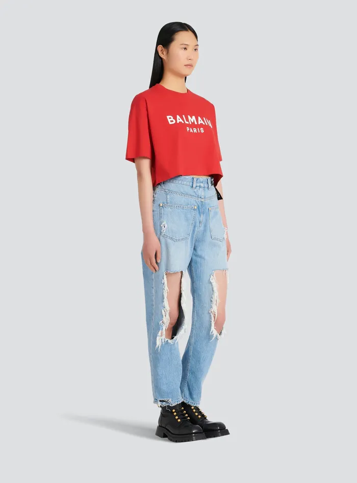 Balmain TShirts Womens Cropped EcoDesigned Cotton TShirt With Balmain Logo Print Red Balmain TShirts Womens Cropped EcoDesigned Cotton TShirt With Balmain Logo Print Red