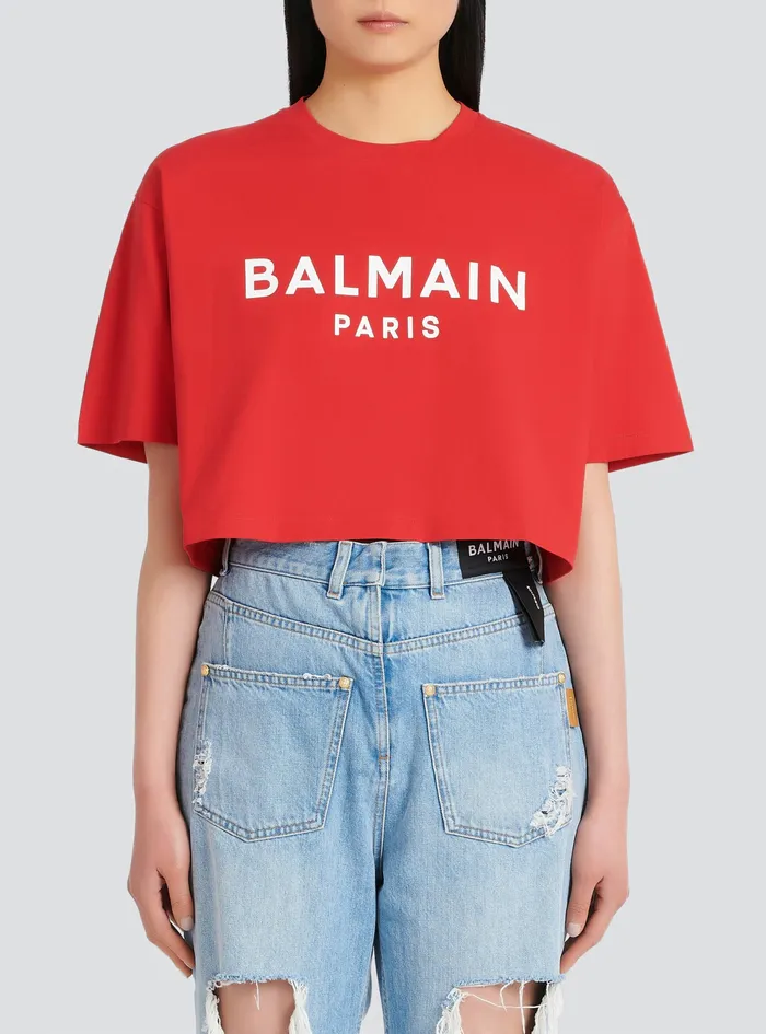 Balmain TShirts Womens Cropped EcoDesigned Cotton TShirt With Balmain Logo Print Red Balmain TShirts Womens Cropped EcoDesigned Cotton TShirt With Balmain Logo Print Red