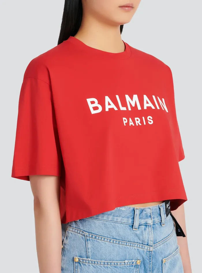 Balmain TShirts Womens Cropped EcoDesigned Cotton TShirt With Balmain Logo Print Red Balmain TShirts Womens Cropped EcoDesigned Cotton TShirt With Balmain Logo Print Red