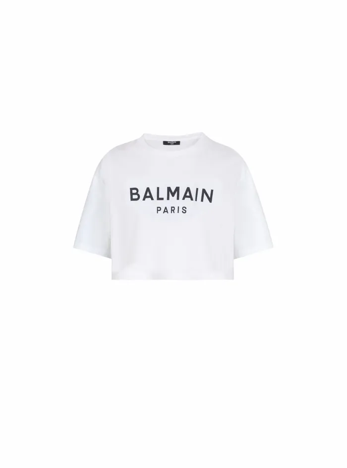 Balmain TShirts Womens Cropped EcoDesigned Cotton TShirt With Balmain Logo Print White Balmain TShirts Womens Cropped EcoDesigned Cotton TShirt With Balmain Logo Print White