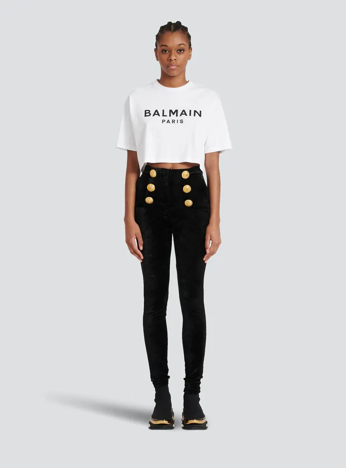 Balmain TShirts Womens Cropped EcoDesigned Cotton TShirt With Balmain Logo Print White Balmain TShirts Womens Cropped EcoDesigned Cotton TShirt With Balmain Logo Print White
