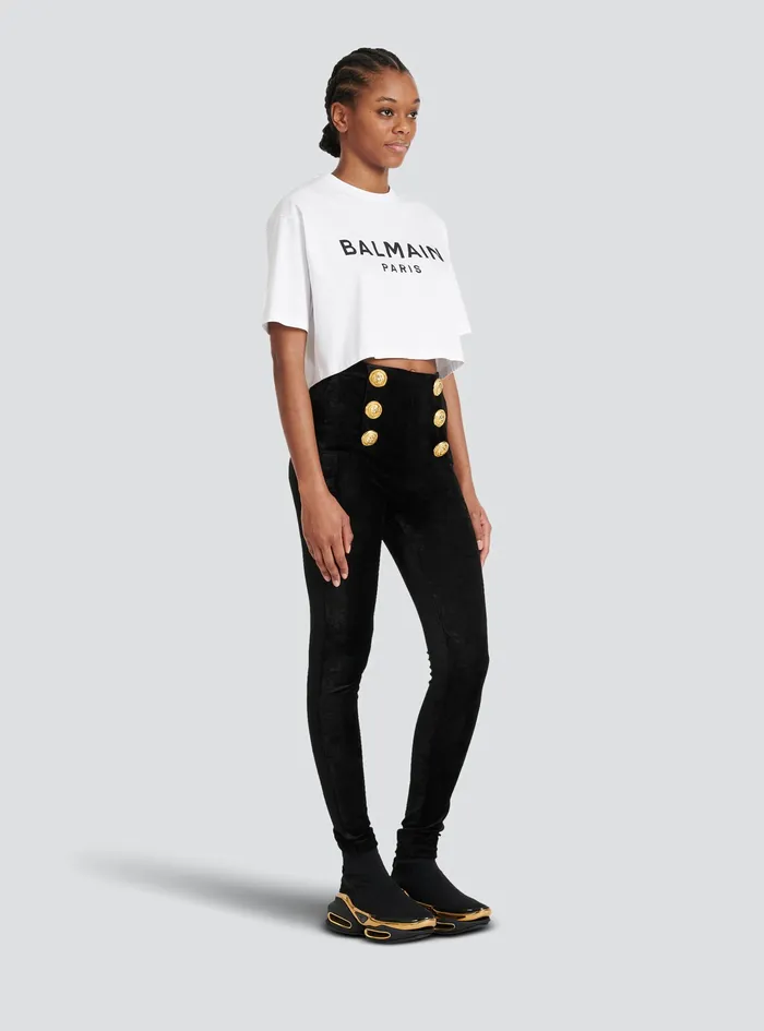 Balmain TShirts Womens Cropped EcoDesigned Cotton TShirt With Balmain Logo Print White Balmain TShirts Womens Cropped EcoDesigned Cotton TShirt With Balmain Logo Print White