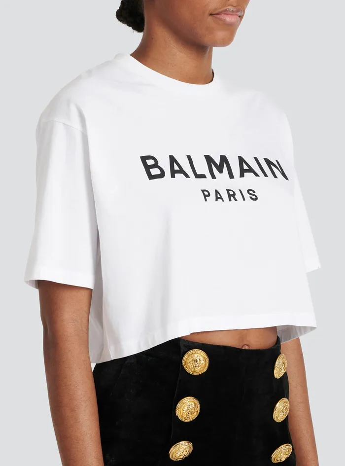 Balmain TShirts Womens Cropped EcoDesigned Cotton TShirt With Balmain Logo Print White Balmain TShirts Womens Cropped EcoDesigned Cotton TShirt With Balmain Logo Print White