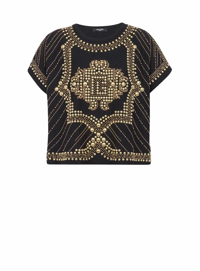 Balmain TShirts Womens Cropped EcoDesigned Cotton TShirt With Embroidered GoldTone Studs Gold Balmain TShirts Womens Cropped EcoDesigned Cotton TShirt With Embroidered GoldTone Studs Gold